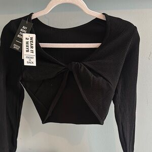Black Ribbed Knot Front Top